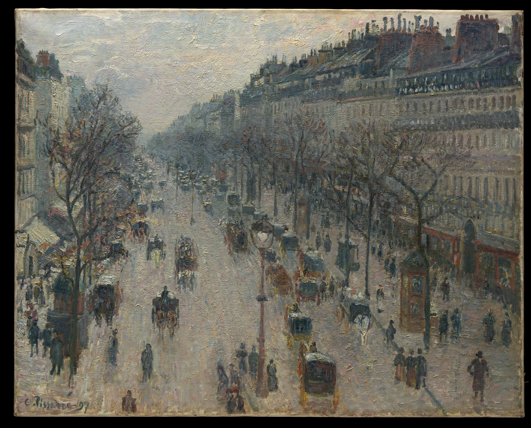 People, carriages, and buildings on Boulevard Montmartre, painted by Camille Pissarro